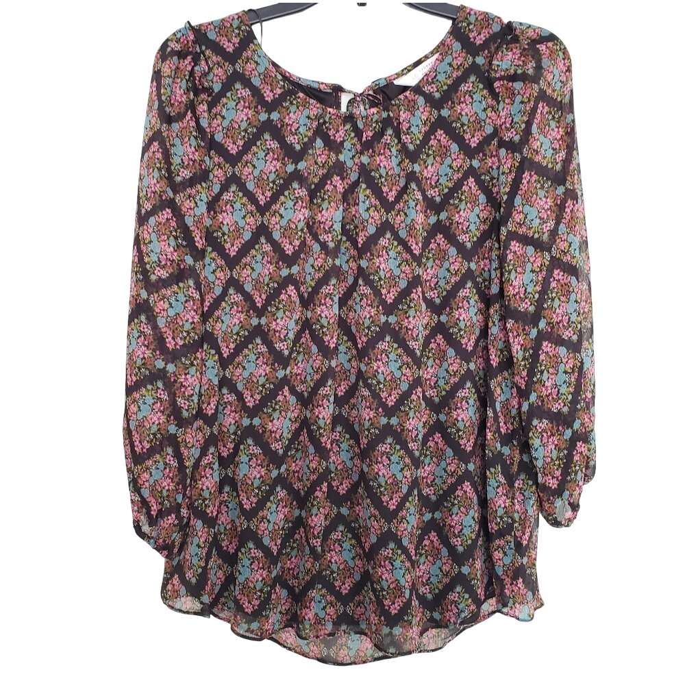 LC Floral Top Sheer Lined Flowy Long Balloon Sleeve Black Blue Pink Moody SZ:M
